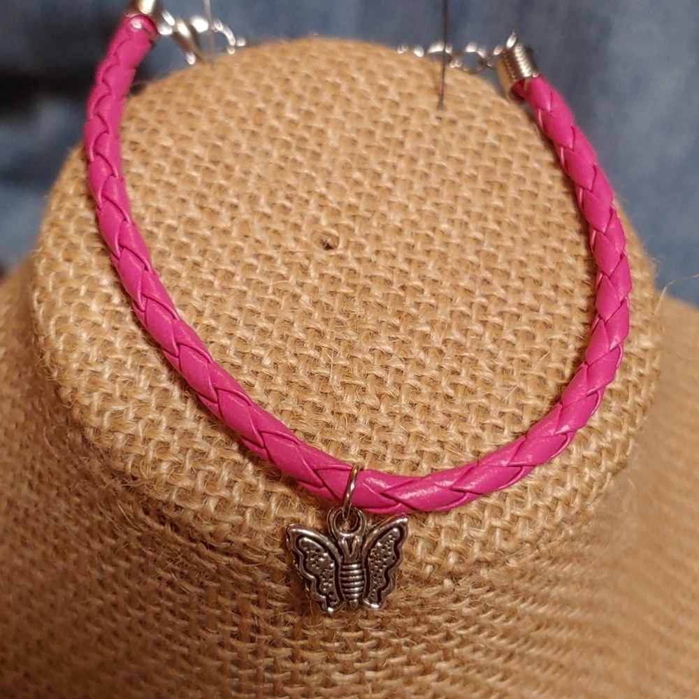 Pink leather adjustable braided cord bracelet